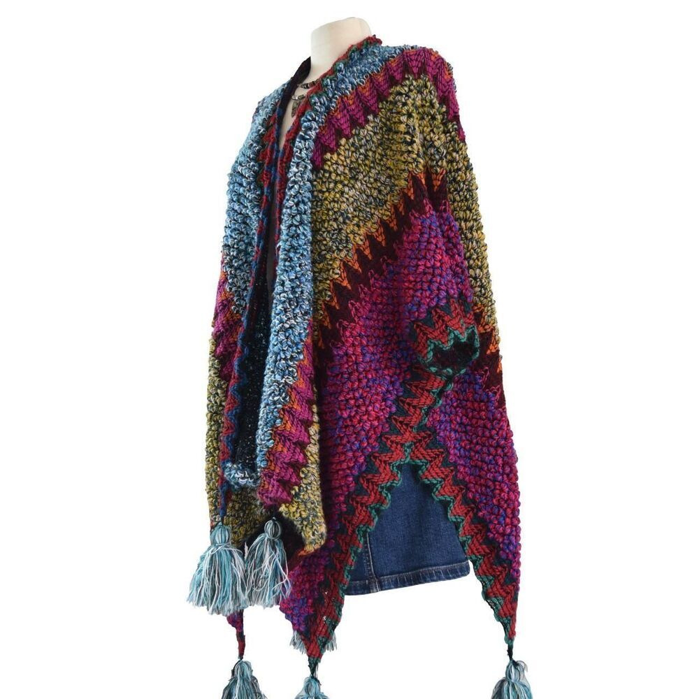 Multi Color Poncho Wrap Festivals Boho Goblincore One Size - Picture 2 of 5